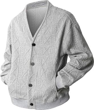 Generic Mens Cable Knit Cardigan Men V Neck Long Sleeve Knit Cardigan Sweater Gray9 6XL