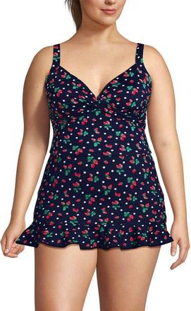 Lands End Sweetheart Wrap Midkini Top in Navy/berry Dot at Nordstrom, Size 18W