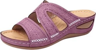 Generic Womens Embroidered Toe Post Sandals with Thick Platform Sole for Extended Sizes Comfortable Footwear (Purple, 3.5)