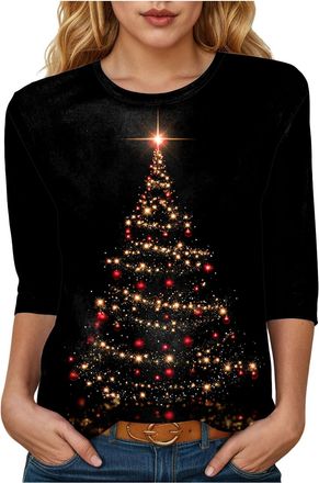 Generic Womens Christmas T Shirts 3/4 Short Sleeve Tops UK Christmas Tree Pullover Ladies Crewneck Christmas Sweatshirts Funny Graphic Tee Shirt Casual Xmas B