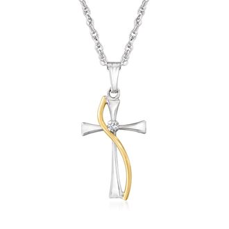 Ross-Simons Sterling Silver and 14kt Yellow Gold Cross Pendant Necklace With Diamond Accent