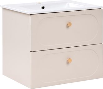 Beliani Mueble De Pared Para Ba&ntilde;o Con Lavabo 2 Cajones Tiradores Dorados Mueble Suspendido Beige Tarumir