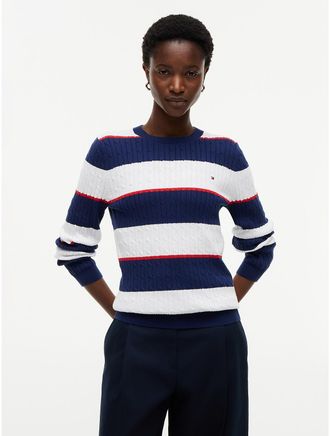 Tommy Hilfiger Womens Rugby Stripe Cable Knit Sweater - White - XXL