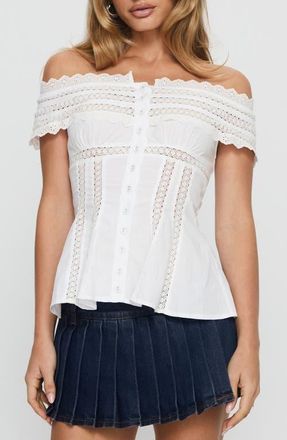 Princess Polly Stately Lace Trim Off the Shoulder Top in White at Nordstrom, Size 4