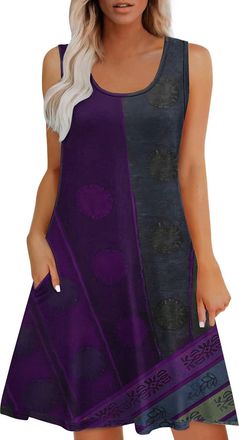 Generic Long Summer Dresses for Women UK Birthday Gifts Womens Fashion Summer Dresses Loose U Neck Sleeveless Sundresses Print Loose Fit Tank Dresses with Poc