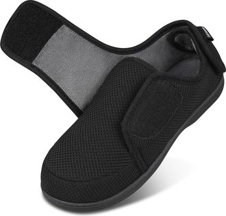 Garonne Womens Diabetic Wide Slippers Adjustable Breathable Waffle Knit Slippers, black, 6.5 UK