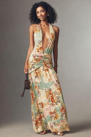 AFRM Cadiz Halter Plunge-Neck Stretch Slinky Knit Maxi Dress