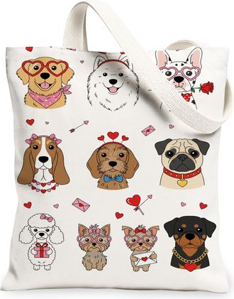 Generic Cute Dogs Canvas Tote Bags, Animal Illustration Reusable Grocery Bags, ValentineS Day Lightweight Washable Canvas for Trav, White, 13x15 Inch