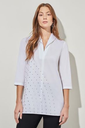 Ming Wang Stud Detail Shawl Collar Cotton Blend Shirt in White at Nordstrom, Size 2X