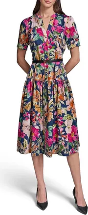 Karl Lagerfeld Floral Print Belted Tiered Midi Dress in Currant/light Blush Multi at Nordstrom, Size 10