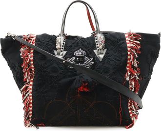 Christian Louboutin Black Red Color White Canvas Leather Shoulder Bag Tote Bag (Pre-Owned)