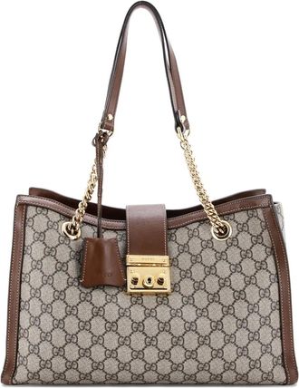Gucci Padlock Chain leren medium shopper met GG gecoat canvas - Bruin