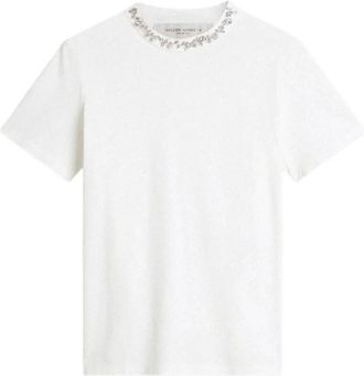 Golden Goose Tops, Dames, Wit, M, Katoen, T-shirt met Kristallen Ketting