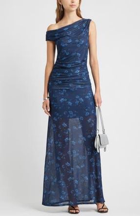 Open Edit One-Shoulder Mesh Maxi Dress in Blue Avery Floral at Nordstrom Rack, Size Small