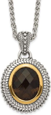 Diamond2Deal Sterling Silver with 14K Accent Oval Smoky Quartz Pendant Necklace
