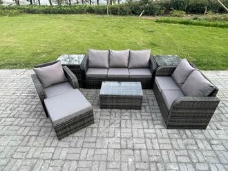 Fimous Patio Garden Furniture Sets Wicker 7 Seater Outdoor Rattan Furniture Sofa Sets with Rectangular Coffee Table Reclining Chair 3 Seater Sofa