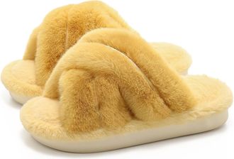 Generic Womens Winter Fuzzy Cross-Band Slippers, Memory Foam Cushioned Indoor Outdoor House Shoes, Non-Slip Warm Platform Slides,Yellow,6.5 UK