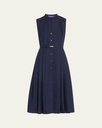 Ralph Lauren Collection Freida Pleated Leather Belt Midi Linen Dress