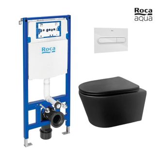 Roca Bastidor Roca Duplo Pack Cisterna Empotrada Y Pulsador Pl1 Blanco Brillo Con Inodoro Suspendido Rimless Lia Negro De Azulbath