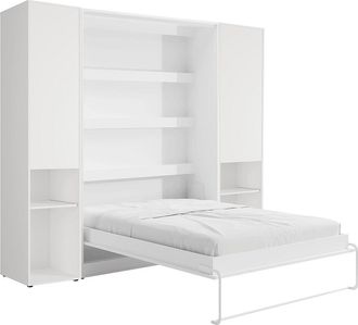Vente-Unique Cama abatible vertical 140 x 200 cm - 2 columnas de almacenamiento - Con LEDs - Blanco - RAPILI