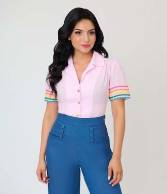 Unique Vintage 1940s Short Sleeve Collared Button Down Woven Blouse in Pink W/Rainbow Print at Nordstrom, Size X-Large
