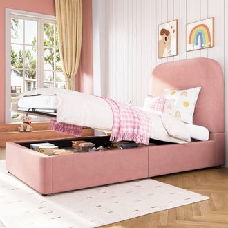 Matteo Childrens Pink Velvet Upholstered Single Bed with Hydraulic Storage