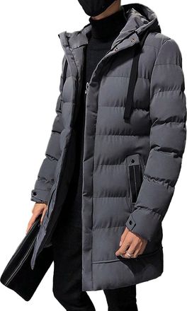 Generic Lightweight Mens Winter Jacket Quilted Hood Full Zip Puffer Windproof Warm Thicken Outerwear Coat Grey X-Large