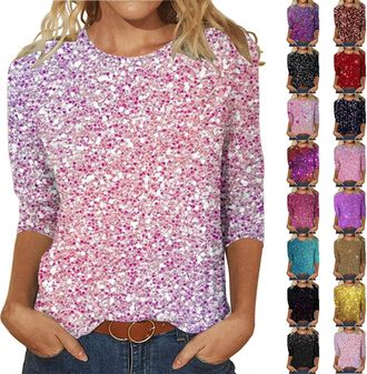 Generic Glitter Tops Womens Elegant Festive Blouse Womens 3/4 Sleeve Shirt Sequins Printed T-Shirt Oversize Sweatshirt Lightweight Crew Neck Sequins Tops Fash