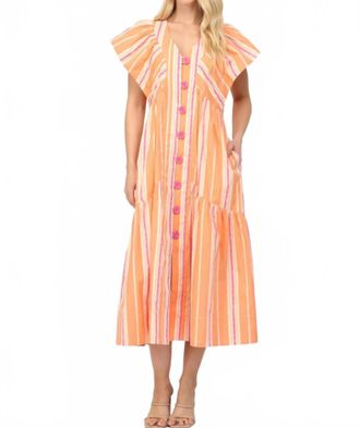 Fate Stripe V-Neck Midi Dress With Swirl Button In Orange Multi