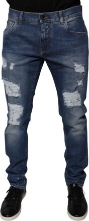 Dolce & Gabbana Mens Blue Cotton Tattered Skinny Denim Jeans Elastane Clothing