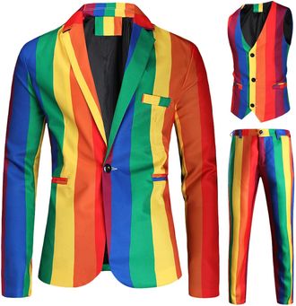 Generic Mens Christmas Suit 3 Piece Rainbow Suit Jacket Rainbow Party Waistcoat Stripe Trousers Suits Set for Men UK, Mens Rainbow Blazer for Pride Event Vest