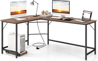 Costway Costway - Escritorio Esquinero Con Toma De Corriente, 168x125 Cm, Escritorio En L Grande Con Soporte Para Cpu, Marco De Metal, Mesa En L Oficina (natu