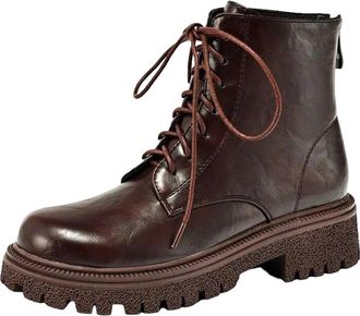 Generic Womens British Style Ankle Boots Round Toe Medium Block Heel Platform Slip On With Decorative Lace-Up Detail