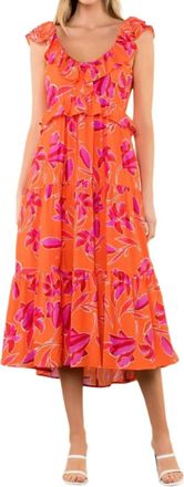 THML Clothing Ruffle Tie Back Midi Dress In Orange/pink