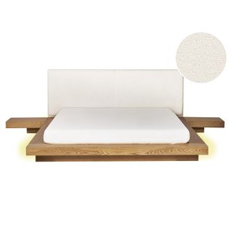 Beliani Cama Led Moderna Con Plataforma Mesitas De Noche Cabecero De Boucl&eacute; Madera De Fresno Natural 160 X 200 Cm Zen