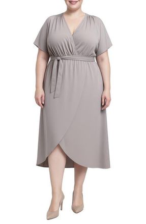 Standards & Practices Tie Front Faux Wrap Midi Dress in Grey at Nordstrom, Size 1X