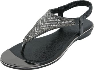 Generic Women Summer Elastic Strap Rhinestone Casual Open Toe Flat Sandals with Soft Breathable Sole (Black, 5.5)