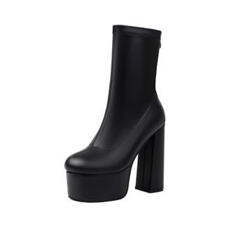 Generic Womens Ankle Boots Shiny PU Leather Thick Platform Chunky Block Heels Side Zip Comfortable Bold Fashion Footwear for Evening Parties Night Out,Black,3