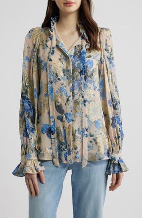 Kobi Halperin Josie Metallic Floral Ruffle Button-Up Shirt in Blue Multi at Nordstrom, Size Xx-Large