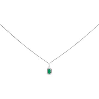 House of Brilliance 10K White Gold 5x3mm Birthstone and Diamond Accent Halo Octagonal Shape Pendant Necklace in Green Emerald | White at Nordstrom
