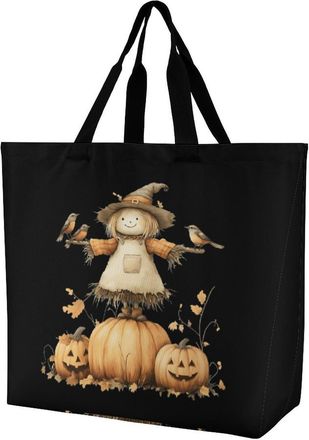 Generic Autumn Scarecrow Pumpkins Reusable Shopping Bags Large Capacity Grocery Bag Heavy Duty Tote for Women 40x40x16cm