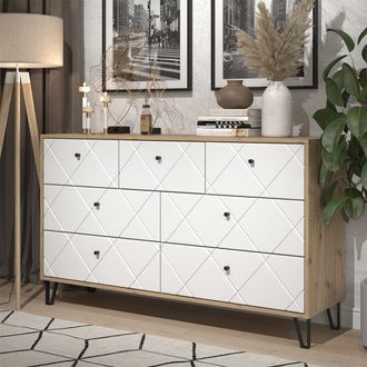 Vicco Aparador Nizza, Artesano/blanco, 140.2 X 82.6 Cm Con 7 Cajones, Vicco