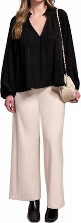 Tribal Pleated Ruffle Notch Collar Blouse In Black