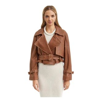 Nour Hammour Hatti Cropped Leren Jas - Dames - Leren en Su&egrave;de Jassen - Bruin - L - Katoen - Jassen