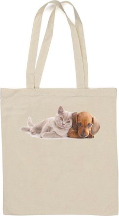Generic Cat And Dog Close Together Natural Cotton Tote Bag White