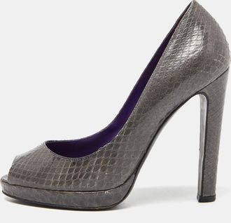 Sergio Rossi Grey Watersnake Leather Peep Toe Pumps
