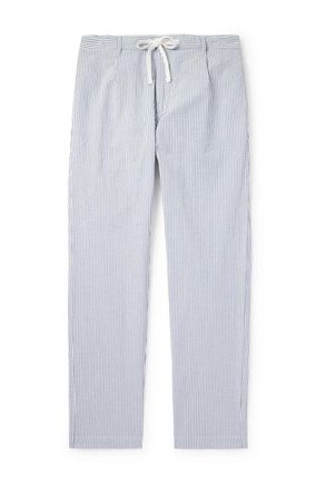 Hartford Tanker Straight-Leg Pleated Striped Cotton-Seersucker Drawstring Trousers