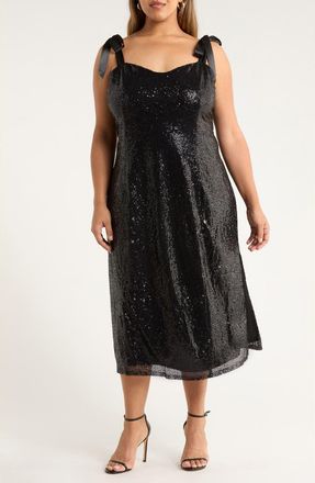 Sugarlips Adelisa Sequin Tie Strap Midi Dress in Black at Nordstrom, Size 2X