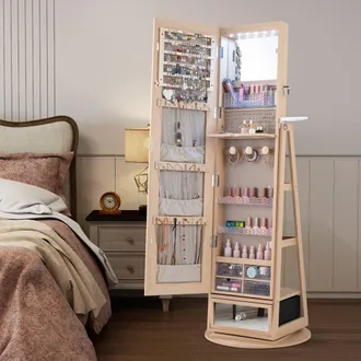 Costway Costway 4 iN 1 Swivel Jewelry Cabinet Lockable Jewelry Armoire in Natural