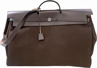 Herm&egrave;s Brown Canvas Leather Pouch Tote Bag (Pre-Owned)